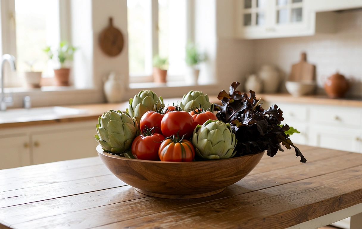 Fresh organic Mediterranean vegetables on a wooden table